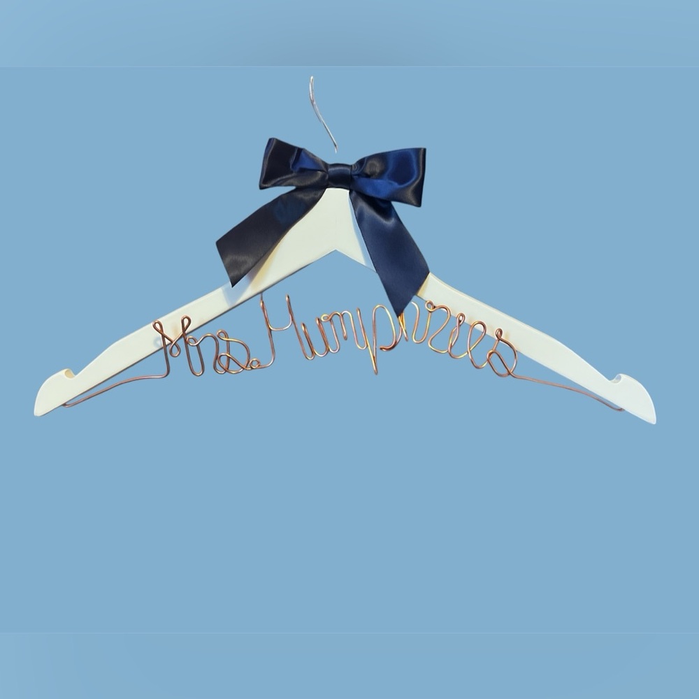 Wedding dress hanger, rose gold wire name, navy ribbon
